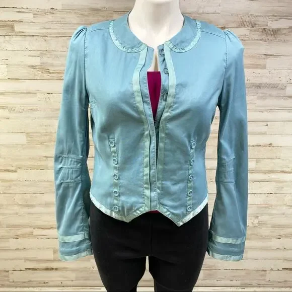 Marc Jacobs Military Style Cotton Blazer Womens Size 4 Light Teal Ribbon Detail - Picture 2 of 15